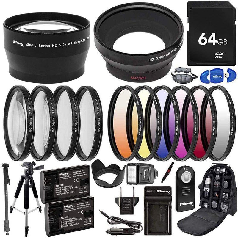 Ultimaxx 58MM Accessory Kit for Canon EOS 70D, 80D, 90D, 5DS, 5DSR, 6D, 6D Mark II, 7D, 7D Mark II, and More; Includes: 2X LP-E6 Batteries, Filter Sets, Backpack & More - Image 1